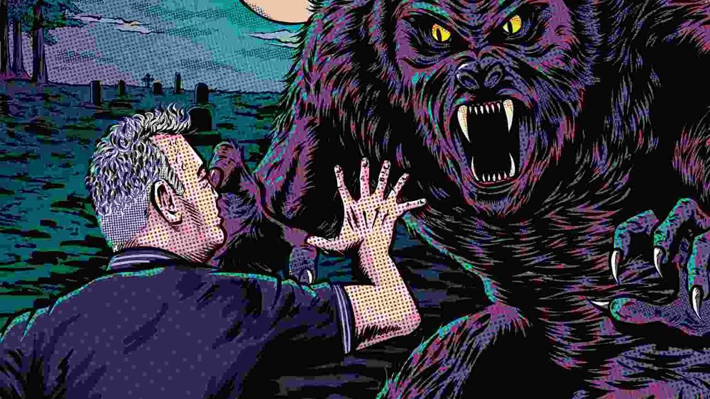 Illustrated scene of a man confronting a monstrous werewolf under a full moon in a graveyard. The werewolf has glowing yellow eyes, sharp fangs, and is lunging with claws extended. The man, seen from behind, raises his hands in fear or defense. The background features silhouetted gravestones and trees against a moody, twilight sky