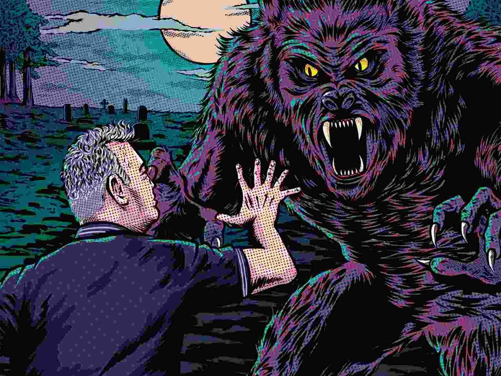 Illustrated scene of a man confronting a monstrous werewolf under a full moon in a graveyard. The werewolf has glowing yellow eyes, sharp fangs, and is lunging with claws extended. The man, seen from behind, raises his hands in fear or defense. The background features silhouetted gravestones and trees against a moody, twilight sky