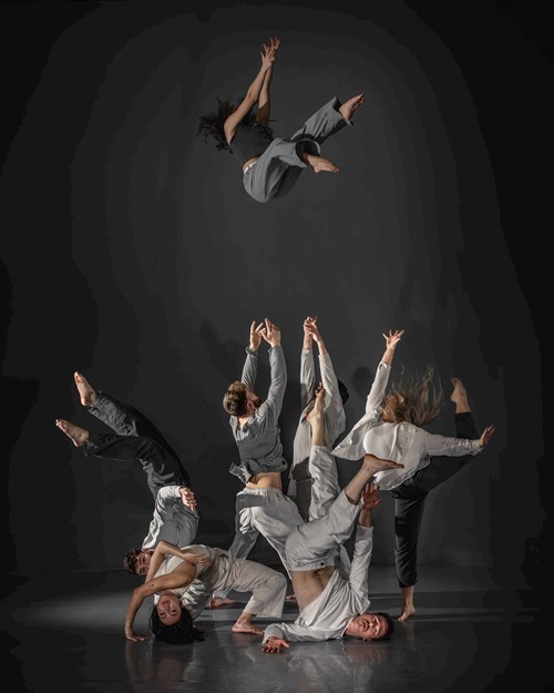 A group of dancers performs an intricate and dynamic acrobatic routine. One dancer is airborne, arms reaching up and legs extended, while others form a complex, layered structure on the ground, balancing on each other in various positions. The dancers' movements are captured in mid-motion against a dark background, emphasizing their strength, flexibility, and teamwork. The image conveys a sense of fluidity, energy, and intense focus, highlighting the artistry and physicality of contemporary dance.