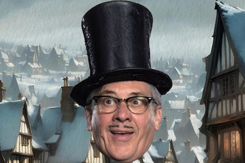 The image shows a wintery scene of snow-covered rooftops in an old-fashioned town, evoking Victorian England. In the foreground, a large image of Count Arthur Strong's face appears with a humorous expression, wearing a tall black top hat.