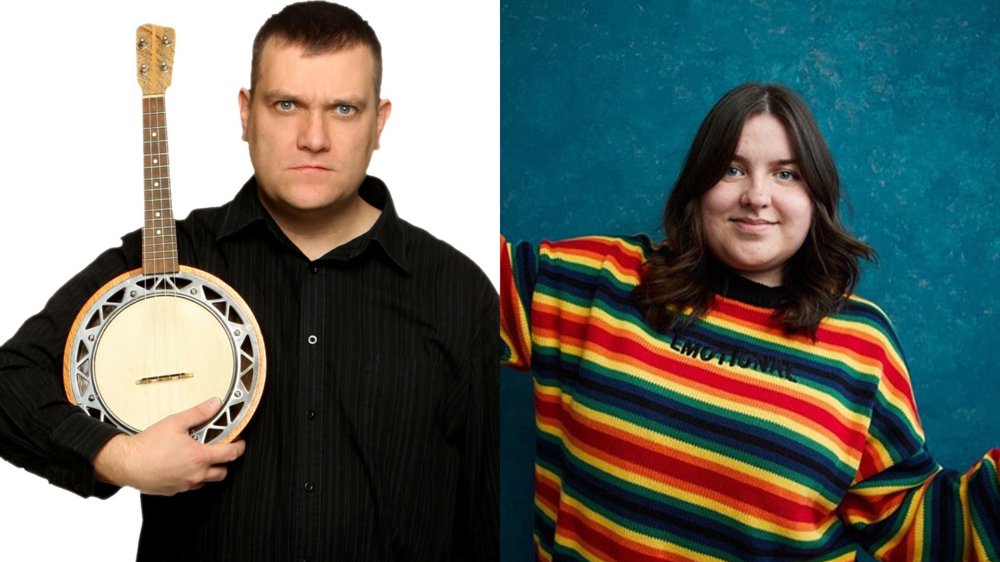 Split-screen promotional image featuring two comedians. On the left, a serious-looking performer in a black shirt holds a banjo against a plain white background. On the right, a smiling performer wearing a brightly coloured rainbow-striped jumper poses against a textured blue backdrop.