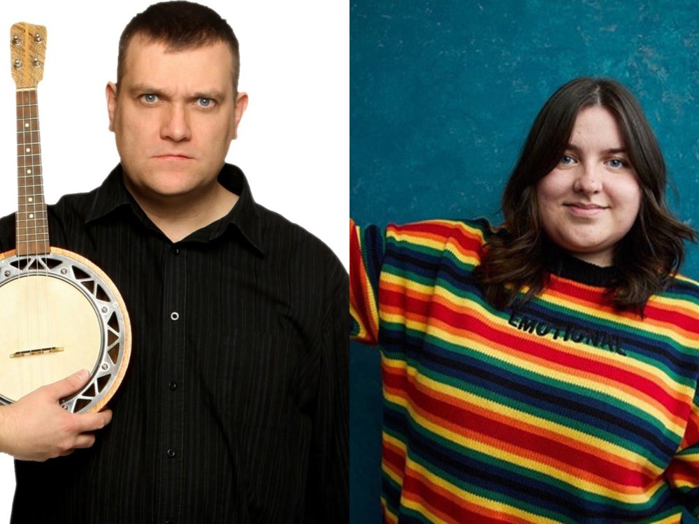 Split-screen promotional image featuring two comedians. On the left, a serious-looking performer in a black shirt holds a banjo against a plain white background. On the right, a smiling performer wearing a brightly coloured rainbow-striped jumper poses against a textured blue backdrop.