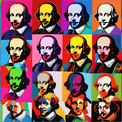 Various images of Shakespeare in different bold colouring. 