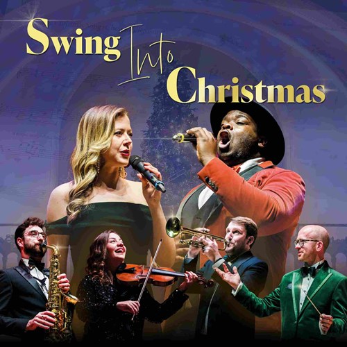 A vibrant collage of jazz and swing musicians performing in festive attire. A male trumpet player, a female violinist, a saxophonist, two vocalists—one in a red velvet jacket and the other in an off-shoulder green gown—and a conductor in a green velvet tuxedo are all mid-performance. A Christmas tree glows in the background, set against sheet music, creating a joyful holiday atmosphere