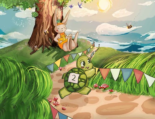 An animated, colourful image of a hare sleeping under a tree and a tortoise running along a path with a number on his back. 