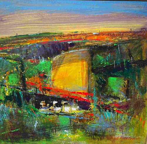 An expressive landscape painting by Neville Fleetwood, depicting a patchwork of colourful farmland. A glowing yellow rapeseed field dominates the centre, surrounded by rich greens, reds, and browns. A small village with white buildings rests near the bottom edge, while a hazy blue sky stretches above. The scene is dynamic and atmospheric, rendered in energetic, layered strokes.