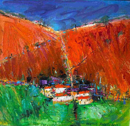 A vivid abstract landscape painting by Neville Fleetwood, featuring a striking contrast between bright orange hills and a deep blue sky. At the foot of the hills, a cluster of small white buildings with red roofs sits nestled in a lush green foreground. The composition is bold and textured, with expressive brushstrokes and vibrant colour contrasts.