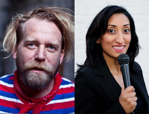 Comedian Tony Law, wearing a white, blue and red tshirt, and Shazia Mirza, wearing a black jacket and holding a microphone. 