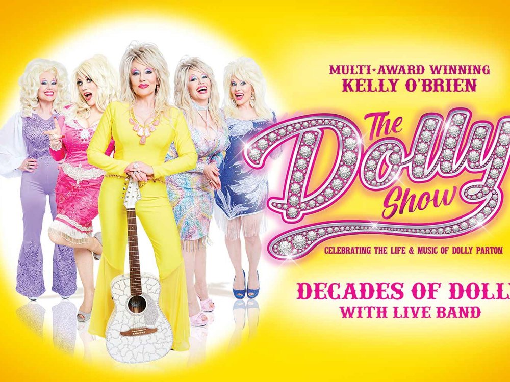 Promotional poster for The Dolly Show, featuring a Dolly Parton tribute performer in several colourful costumes against a bright yellow background.