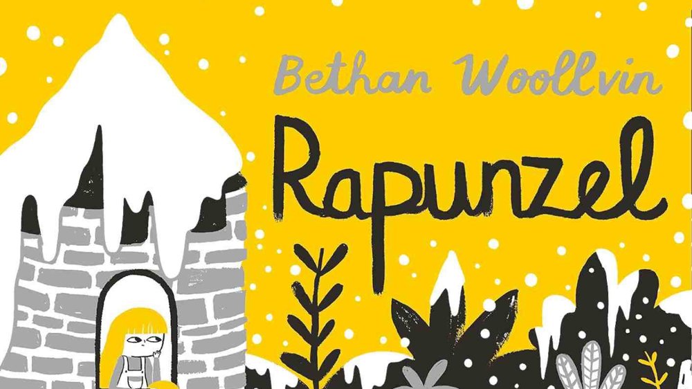 Illustrated Rapunzel book cover showing a snow-covered tower, a winter forest and Rapunzel's long golden hair against a bright yellow sky.