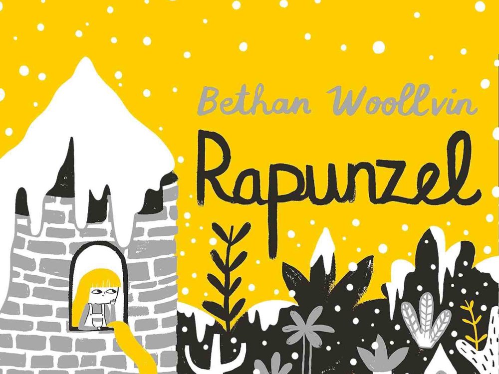 Illustrated Rapunzel book cover showing a snow-covered tower, a winter forest and Rapunzel's long golden hair against a bright yellow sky.