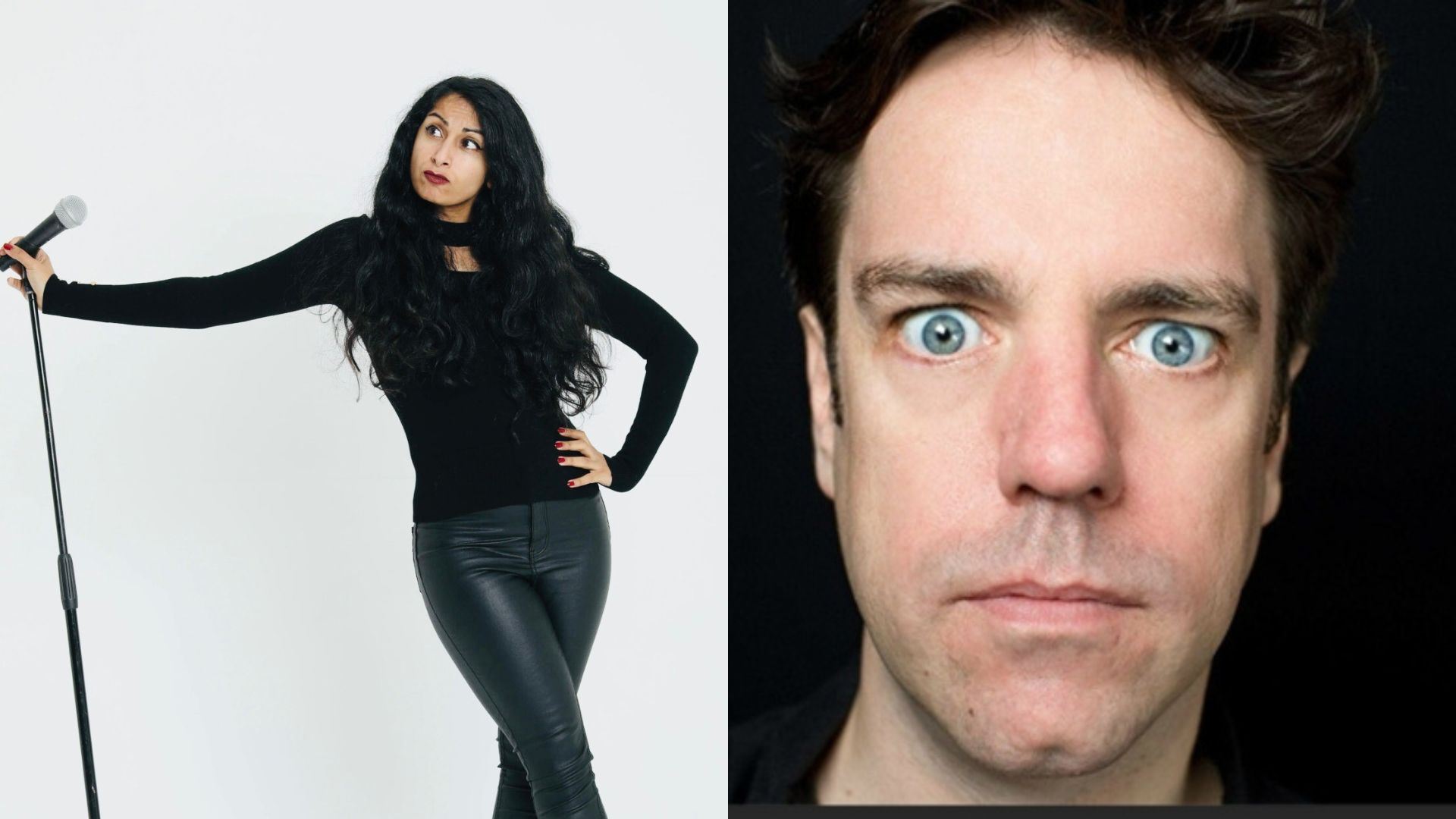 Split image of two comedians: on the left, a woman in black holds a microphone with a playful pose; on the right, a man stares wide-eyed in a close-up portrait against a dark background.