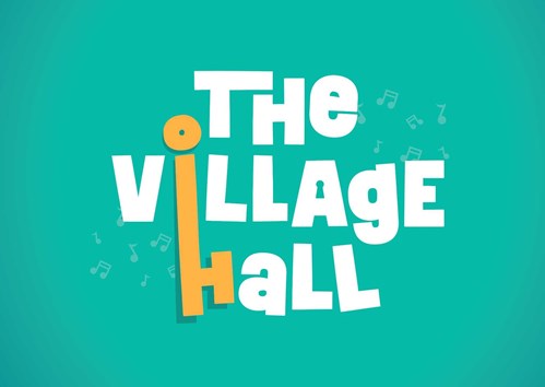 A playful, stylized logo reading 'The Village Hall' on a teal background. The text is in bold, white, uppercase letters with a slightly irregular, hand-drawn style. The letter 'I' in 'Village' is creatively designed to resemble a key, with a circular head and a long vertical shaft. The 'A' in 'Village' features a keyhole cutout, reinforcing the key theme. Small, light-colored musical notes float around the text, adding a lively, dynamic feel to the design.